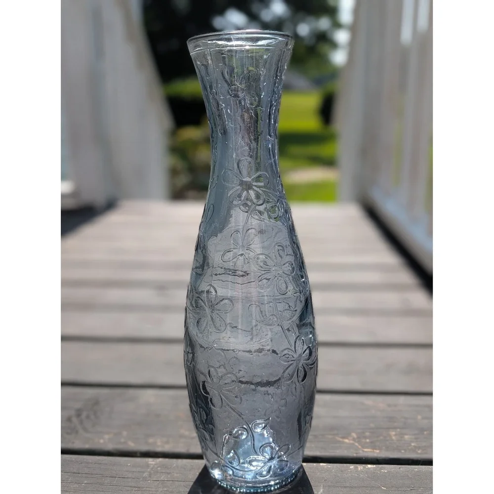 Vintage 90s Recycled Glass Tall Stem Vase Blue Green Seamed Daisy Pattern 16